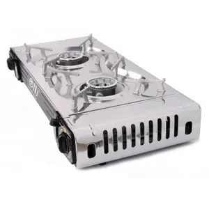 NJ SG-2 Portable Double Burner Gas Stove Stainless Steel Camping with Grill Plate Plastic Carry Case for BBQ Outdoor