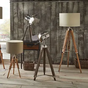 Retro Grey Wood and Silver Metal Film Tripod Floor Lamp