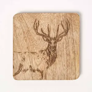 Homescapes Wooden Coaster Set with Stag Design, Set of 4