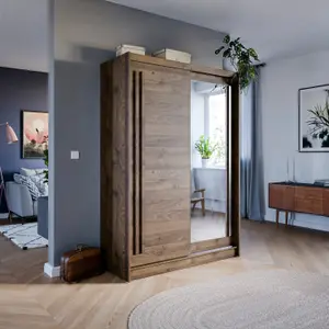 Effect 2 Sliding Mirrored Door Wardrobe in Columbian Walnut - W1500mm H2160mm D590mm, Compact and Contemporary