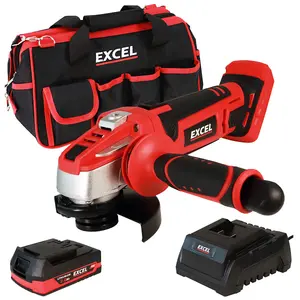 Excel 18V Cordless Angle Grinder 115mm with 1 x 2.0Ah Battery Charger & Bag