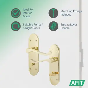 AFIT Polished Brass Bathroom Door Handle Set - Victoria Scroll Shaped - 1 Pair of Internal Door Handles, Hinges 76mm & Lock 64mm