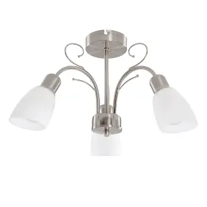 ValueLights Newlyn Modern 3 Way Silver Brushed Chrome Ceiling Light Fitting with White Frosted Glass Shades