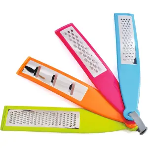 4x Colourful Food Graters with Non-Slip Feet - Flat Stainless Steel Grater and Zester Kitchen Accessory Set - 29cm x 5.5cm