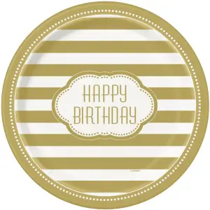 Unique Party Striped Birthday Party Plates (Pack of 8) White/Gold (One Size)