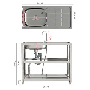 1 Compartment Commercial Floorstanding Stainless Steel Kitchen Sink with 2 Tier Shelf