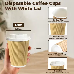 ECONX 12oz Takeaway Coffee Cups with White Lids Triple Walled Insulated Disposable Ripple Coffee Cups (Pack of 50)