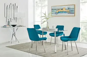 Cosmo Rectangular Chrome Metal And Glass Dining Table for Modern Dining Room With 4 Blue Velvet Pesaro Dining Chairs