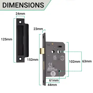 EAI Bathroom Lock 65mm / 44mm Backset BLACK for Internal Wooden Bathrooms Accepts 5mm Square Spindle CE UKCA & Fire Door Approved