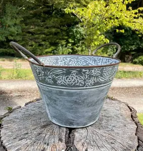 Galvanised Metal Flower Pot with Handles Outdoor Garden Planter Trough Floral Decoration