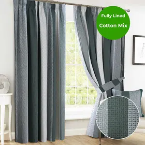 Home Curtains Seville Printed Stripe Lined 46w x 48d" (117x122cm) Green Pencil Pleat Curtains (PAIR) With Tiebacks Included