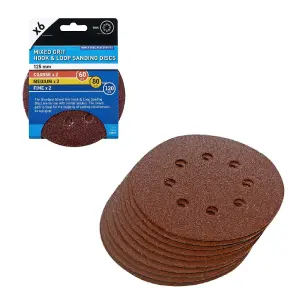 6 x Mixed Grit Hook and Loop 125mm Sanding Disc Sheets, Palm Orbital Sander Pads