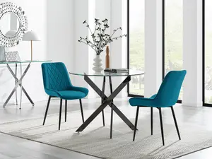 Furniturebox UK Novara 100cm Round Black Leg Dining Table & 2 Blue Pesaro Black Leg Chairs