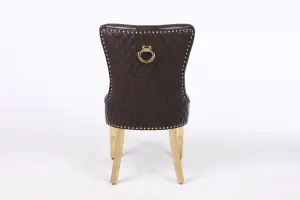 A Pair of Leather Aire Dining Chairs with Golden Legs, Studs & Knocker in Brown