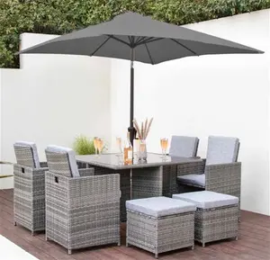 8 Seater Rattan Cube Outdoor Dining Set With Grey Parasol - Grey Weave