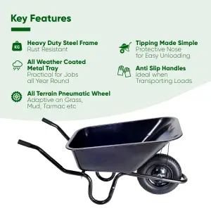 Builders WHEELBARROW 130kg / 85Ltr Toughened Metal Tray Ideal Heavy Duty Builders Gardeners Barrow 1 Wheel with All Terrain Tyre