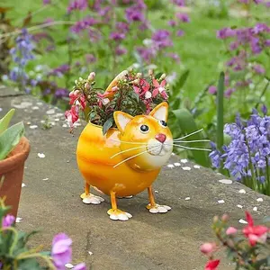 Cute Cat Pot Pet Novelty Fun Bright Metal Garden Decor Flower Planter