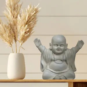 Buddha Statue Indoor and Outdoor, Moss Washed Stone Effect Feng Shui Ornament, Laughing Buddha Baby Monk Figurine L35.5 W25.5 H31.5 cm