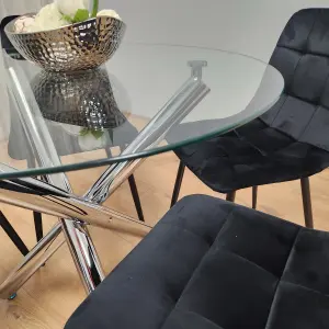 Round Chrome Metal and Clear Glass Dining Table and 4 Black Tufted Velvet Chairs Kitchen Dining Set