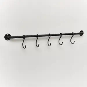 Melody Maison Black Industrial Wall Mounted Rail with 5 Storage Hooks