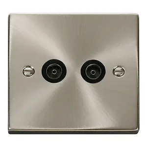 Satin / Brushed Chrome 2 Gang Twin Coaxial TV Socket - Black Trim - SE Home