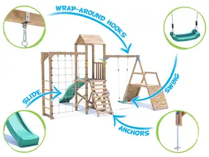 Dunster House Wooden Climbing Frame with Swing, Climbing Wall, Monkey Bars, Cargo Net & Slide BalconyFort Low Platform