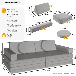 Kids Sofa Lilly - 8-piece, flexible arrangement play sofa, thick padding, removable covers - 60 Centimetre grey