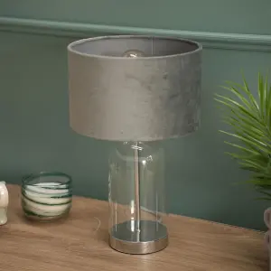 ValueLights Jessy Glass and Silver Chrome Metal Bedside Table Lamp with a Grey Velvet Lampshade - Bulb Included