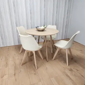 Round Oak Effect Kitchen Dining Table With 4 Cream Tulip Chairs Table Set