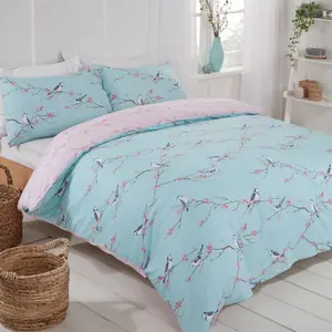 Dreamscene Blossom Bird Duvet Cover with Pillowcase Bedding, Duck Egg - Double