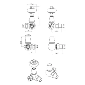 Pair of Corner Chrome Wooden Head Radiator Valves