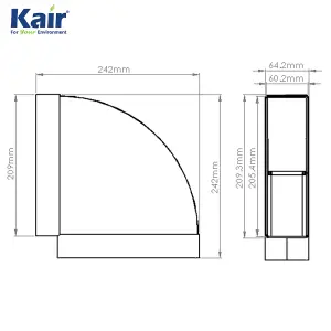 Kair 90 Degree Horizontal Elbow Bend 204mm x 60mm - 8 x 2 inch Rectangular Plastic Ducting Adaptor