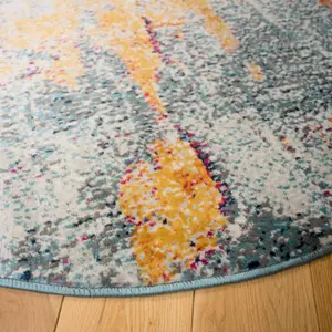 Navy Blue Ochre Multicolour Distressed Abstract Round Rug 160x160cm