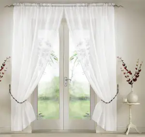 Elegant Plain Voile Curtain Panels PAIR with FREE Tie Backs 150cm x 183cm White/Black