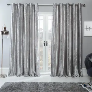 Sienna Crushed Velvet Eyelet Ring Top Pair of Fully Lined Curtains - Silver 66" x 90"