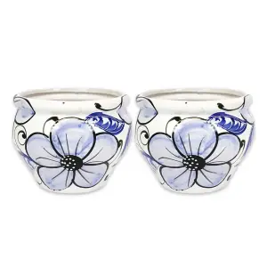 Blue Flowers Hand Painted Set of 2 Outdoor Garden Patio Bola Plant Pots (D) 25cm