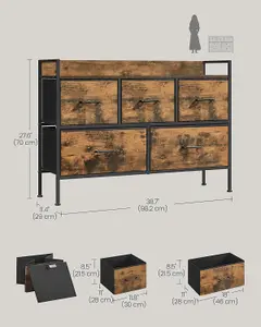 SONGMICS Chest of Drawers for Bedroom, 5 Fabric Drawers with Handles, Storage Organiser Unit, Rustic Brown and Ink Black