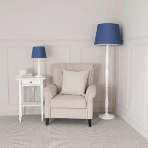 ValueLights Victoria Traditional White Wood Candlestick Floor Lamp with Navy Blue Tapered Shade - LED Bulb Included