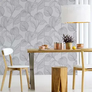 Boutique Royal palm Grey Silver effect Leaf Textured Wallpaper Sample