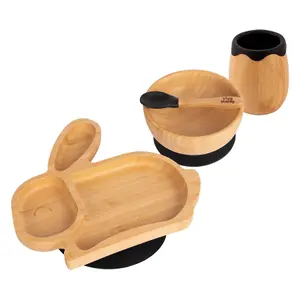 Tiny Dining - Rabbit Bamboo Suction Baby Feeding Set - Black - 4pc