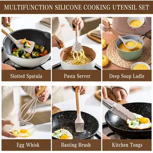 Kitchen Cooking Utensils Set, 24 Pcs Non-Stick Silicone Cooking Kitchen Utensils Spatula Set With Holder, Wooden Handle Heat Resistant Silicone Kitchen Gadgets Utensil Set (Khaki)