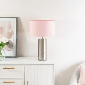 ValueLights Lexy Brushed Chrome Touch Table Lamp with Blush Pink Drum Shade