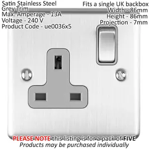 5 PACK 1 Gang Single UK Plug Socket SATIN STEEL 13A Switched Grey Trim Plate