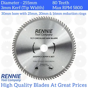 255mm x 80T TCT Circular Wood Saw Blade. Fits Bosch Makita Dewalt Circular Saws Etc