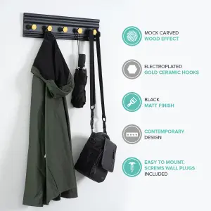 LIVIVO Wall Mounted Floating Coat Rack - Modern, Sleek, Space-Saving Clothes Hanger with 5 Hooks - Black & Gold