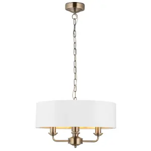 Haywood Antique Brass with Vintage White Faux Silk Shade Classic Modern 3 Light Ceiling Pendant