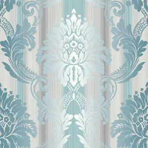 Galerie Classic Silks 3 Blue Fine Stripe Damask Embossed Wallpaper