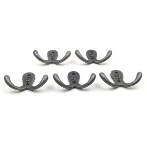 Oakcrafts - Antique Cast Iron Twin Robe Hooks Numbered 1 to 5 - Pack of 5 Hooks