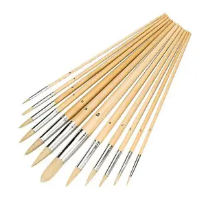 12 Piece Pointed Tip Pure Bristle Paint Brush Set 1mm 12mm Wooden Handle