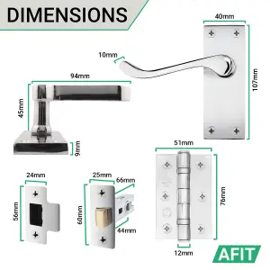 AFIT Polished Chrome Victorian Scroll Door Handle Latch Set - 4 Pairs of Internal Handles with Hinges (76mm) & Latch (66mm)